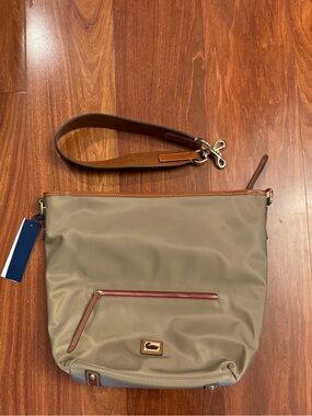 Price firm- Dooney & Bourke Taupe Nylon Hobo Bag with Leather Trim